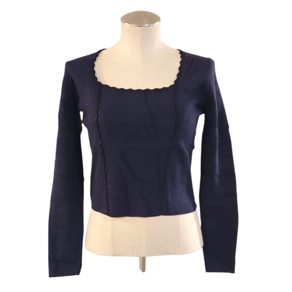 RIHOAS Womens Navy Blue‎ Square Neck Scalloped Glitter Trim Knit Top Size M NWT